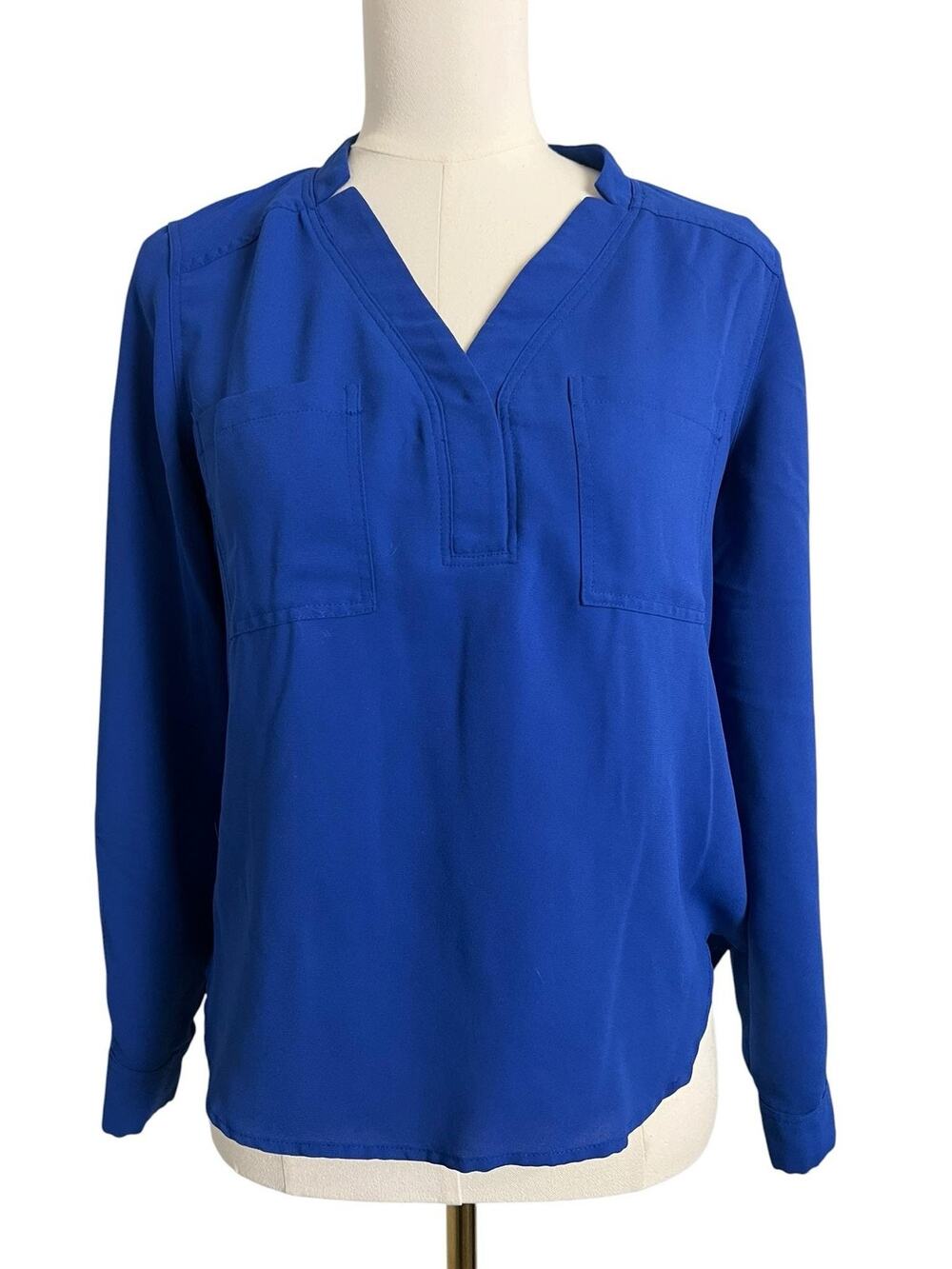 Nine West Blouse Womens Petite PS Blue V Neck Long Sleeve Top Career Office